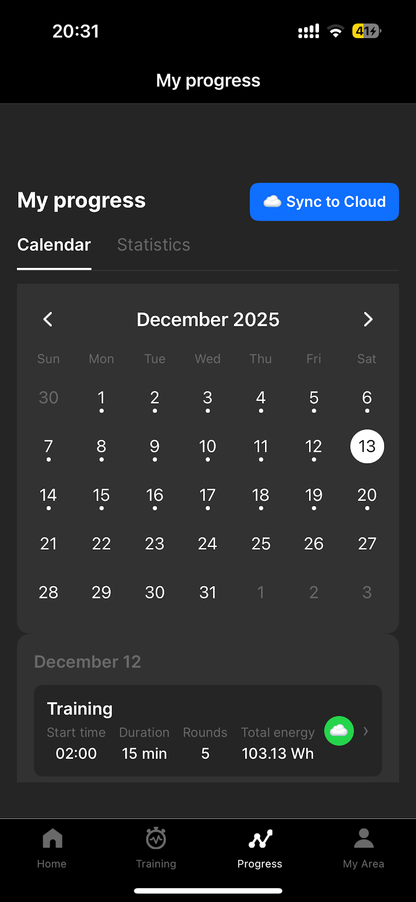 Training calendar with session history