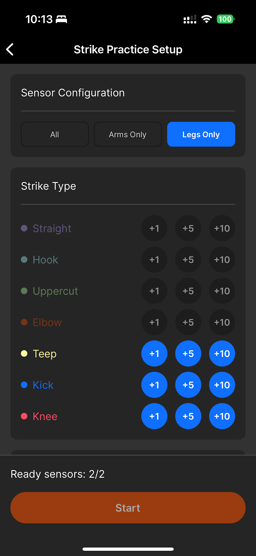 Strike practice setup with sensor config